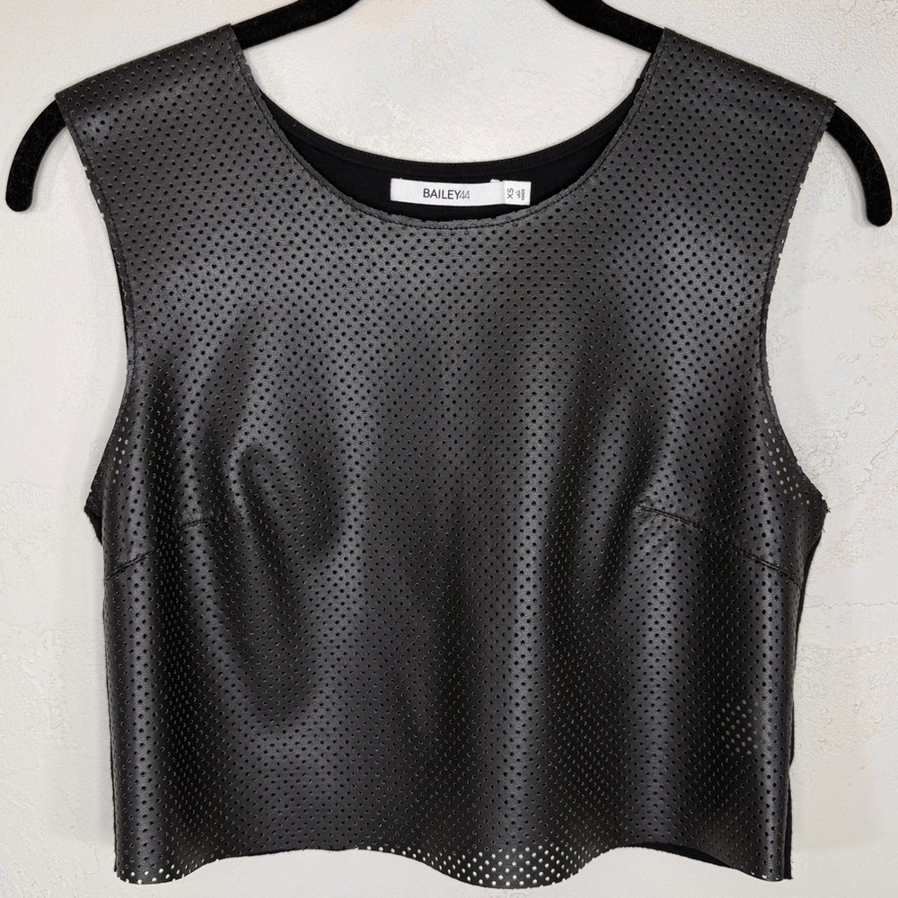 Bailey 44 Perforated Black Faux Leather Front Cropped Muscle Sleeveless Tank